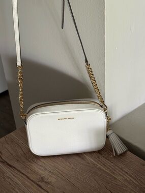 Michael Kors White Pebbled Leather Crossbody with Gold Chain